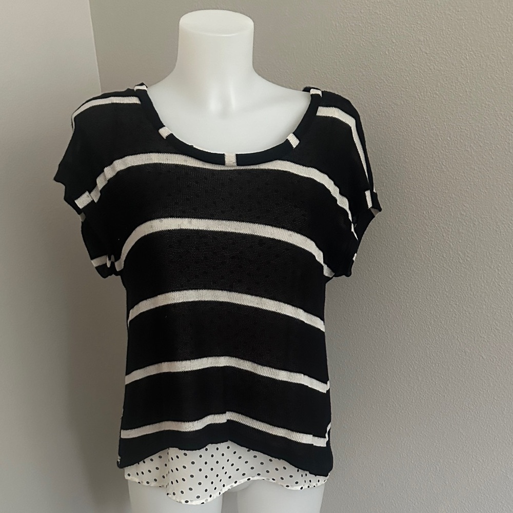 Olivia Moon Black and White Striped Short Sleeve Top with polka dot sheen under